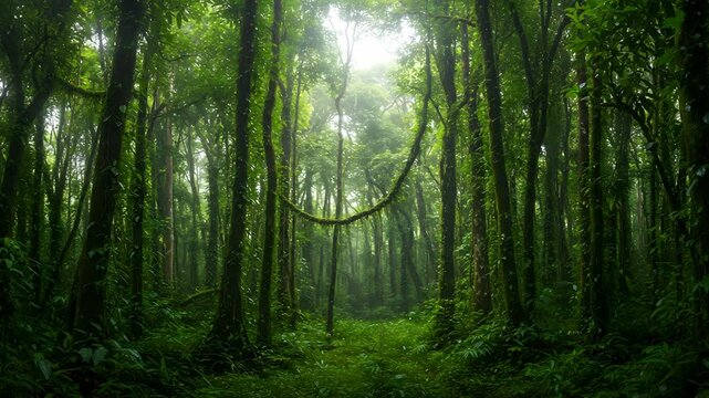 Lush Green Forest with Towering Trees and Dense Vegetation and Morning Sunlight Through Canopy