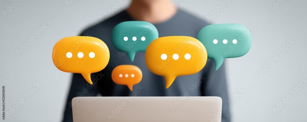 Poster colorful speech bubbles floating above laptop in modern workspace capturing virtual communication co