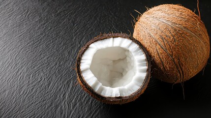Studio food photo of coconut split open, white edible flesh exposed over textured black background