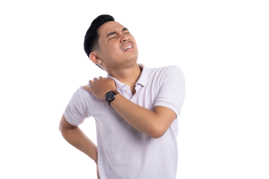 Young man suffering from shoulder and back pain with painful expression isolated on transparent background
