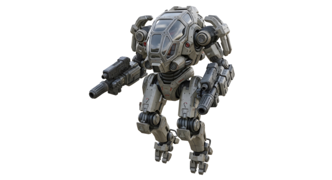 Futuristic Armored Mech Isolated On Black Background with Transparent Cockpit and Mechanical Details