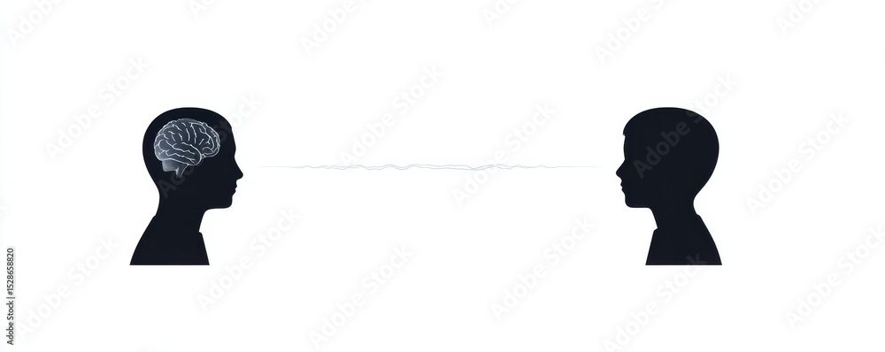 Poster abstract representation of communication between two silhouetted figures with a brain symbol connect