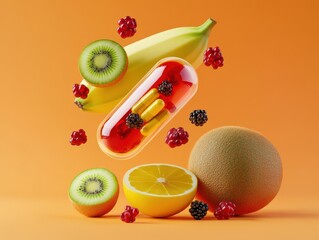 A floating capsule with yellow pills inside surrounded by fresh fruits including kiwi, banana, lemon, cantaloupe, and various berries on an orange background.