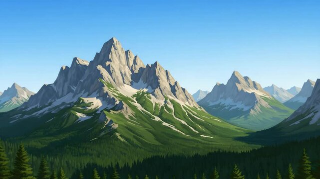 Majestic Pixel Art Mountain Landscape Featuring Forested Valleys and Rocky Peaks Under a Clear Blue Sky