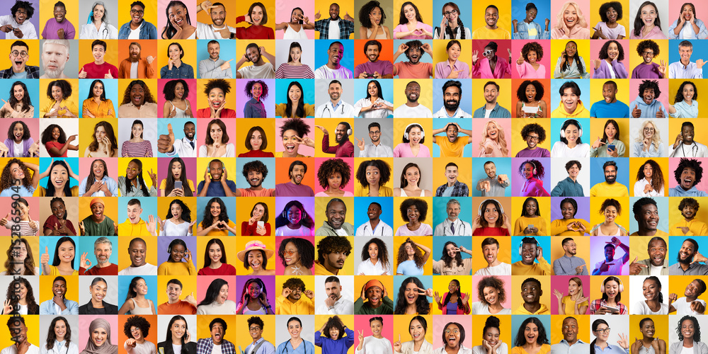 Poster a vibrant collage features a collection of diverse faces from various backgrounds, each expressing d