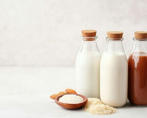 Three glass bottles filled with white and brown liquids, cork sealed, placed next to almonds and rice grains on a light surface.