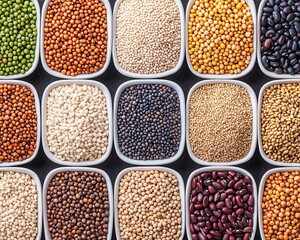 Various colorful legumes and beans organized neatly in small white containers, showcasing diversity and texture.