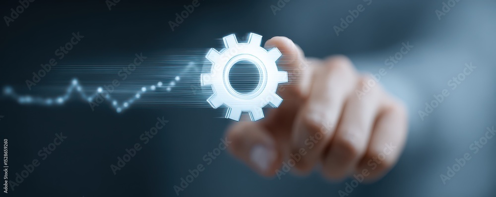 Poster hand touching a transparent gear icon with graph elements representing progress and innovation in bu