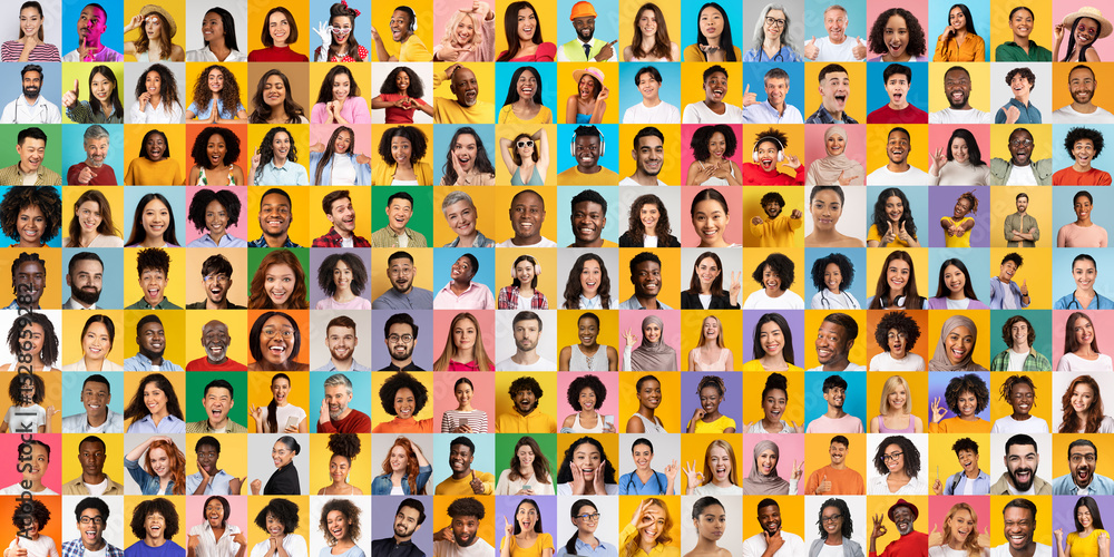 Aufkleber A vibrant collage showcases a diverse group of people from different backgrounds smiling joyfully. Each individual reflects unique lifestyles and cultures, creating a sense of unity and inclusion.