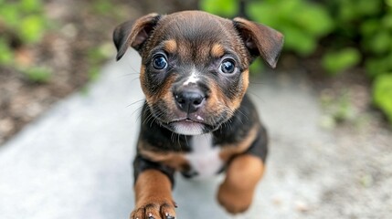 Adorable puppy with curious expression,  playing outdoors.  Small, mixed breed,  with brown, black, and white fur, big blue eyes, and a playful stance