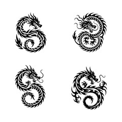 Tribal Curved Dragon Symbol Collection for Tattoos and Asian Mythology Art