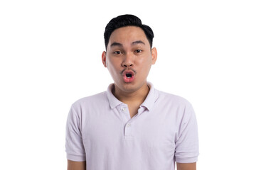 Surprised young man with open mouth making wow expression isolated on transparent background