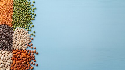 Various types of beans and nuts arranged neatly on a light blue wooden surface.