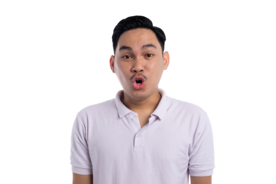 Surprised young man with open mouth making wow expression isolated on transparent background