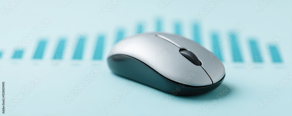 Poster close-up of a silver computer mouse on a light blue background with graph illustrations reflecting d