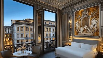 Luxurious hotel room in Rome featuring classic design and a view of historical buildings