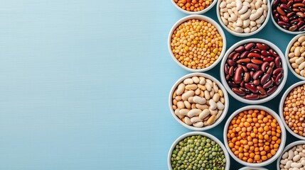 Colorful bowls filled with various dry beans and lentils arranged on a light blue surface.