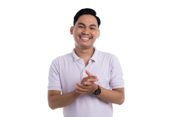 Smiling young man clapping hands in appreciation gesture isolated on transparent background