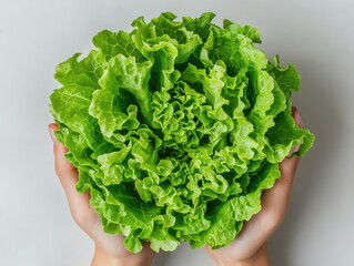 Fresh green lettuce held gently by two hands against a light background, showcasing vibrant and crisp leaves.