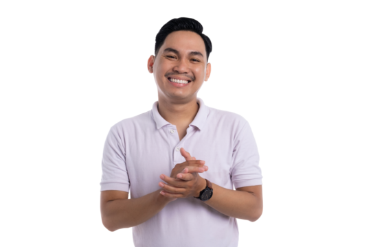 Smiling young man clapping hands in appreciation gesture isolated on transparent background