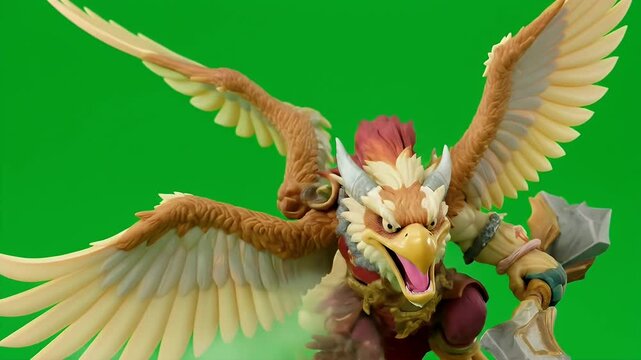 Flying Beastmen Griffon Character with Detailed Feathers and Armor Rendered in 3D Isolated Against Green Screen for VFX Gaming and Cinematic Use