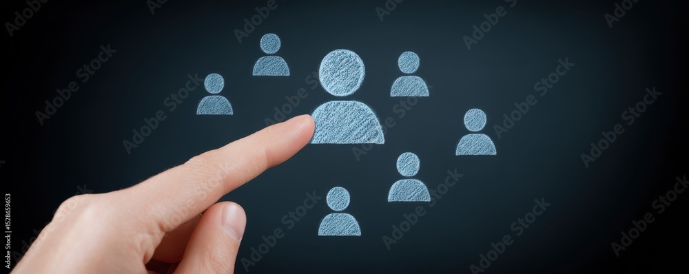 Aufkleber hand pointing to chalk sketch of diverse people on dark background representing connection and commu