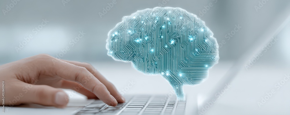 Poster human hand typing on keyboard with digital brain overlay representing artificial intelligence and te