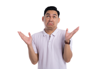 Confused young man shrugging with hands up showing clueless and uncertain expression isolated on transparent background