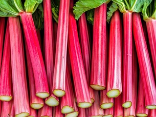Fresh, vibrant red rhubarb stalks with green leaves, neatly arranged and ready for cooking or baking.