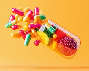 A transparent capsule spilling colorful pills and vibrant fruit pieces against an orange background.