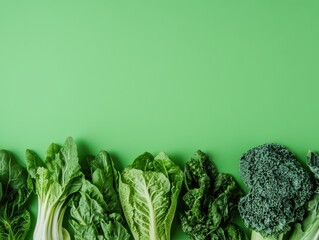 Fresh leafy greens neatly arranged on a vibrant green background, showcasing a variety of nutritious vegetables.