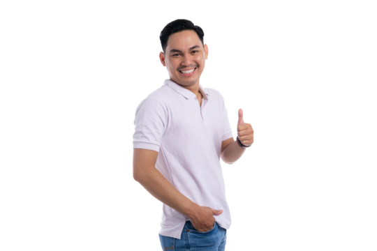 Confident young man smiling and showing thumbs up with one hand in pocket isolated on transparent background