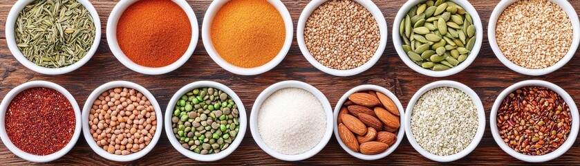 A colorful assortment of various spices, seeds, nuts, and grains displayed in white bowls on a wooden surface.