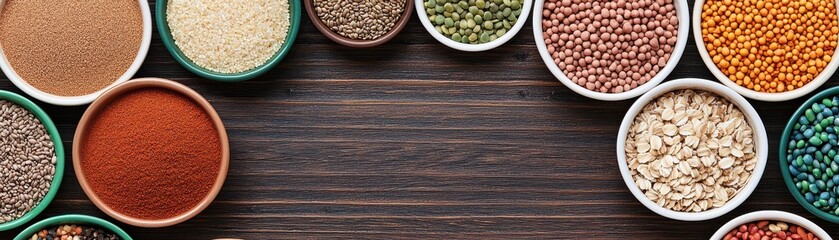 Bowls of various colorful dry grains and legumes arranged in a row on a wooden surface.