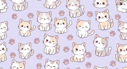 Cute cartoon cat pattern with kawaii design for kids print background