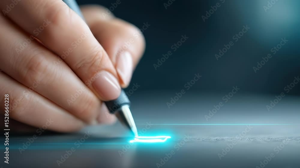 Poster exploring fusion of technology and creativity hand with stylus creates glowing lines on surface, sho