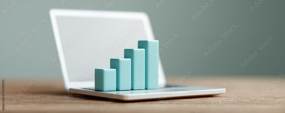 Poster growth charts on laptop with 3d blocks representing increasing data trends and business success indi