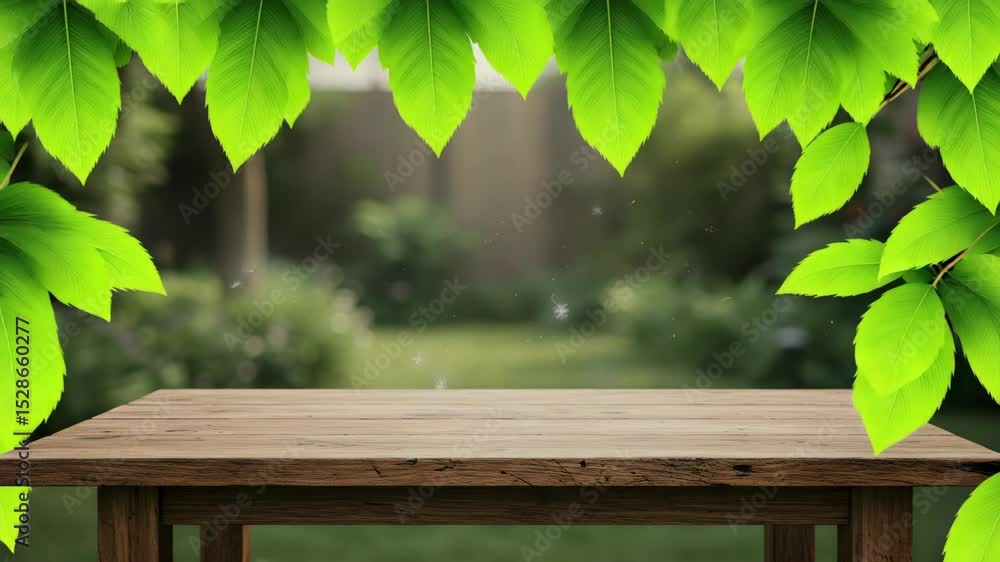 Poster rustic wooden table under green leaves in a blurred garden background with bokeh and fairydust for p