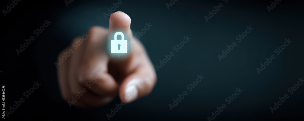 Poster hand pointing at a digital lock symbol representing cybersecurity and online safety concepts in a da