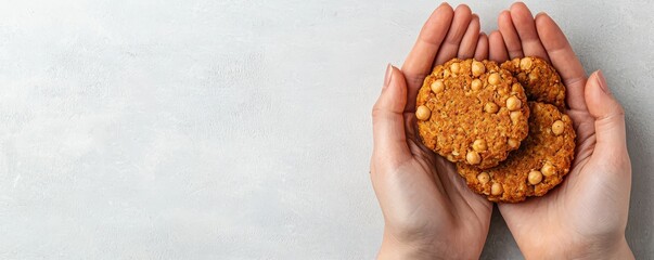 Hands holding three oatmeal cookies with white chocolate chips on a light textured background.