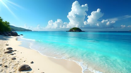 Tropical Paradise Beach with Crystal Blue Water and Palm Trees under Sunny Sky – Perfect Summer Getaway.