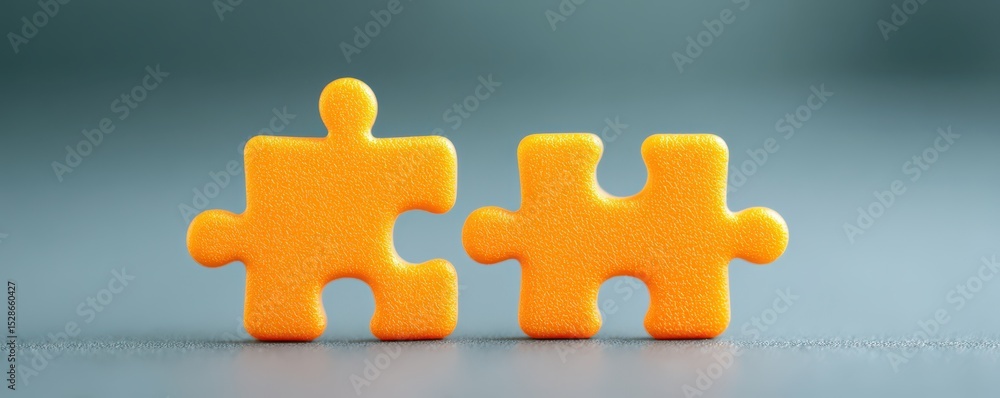 Poster two interlocking orange puzzle pieces symbolizing connection and collaboration on a neutral backgrou