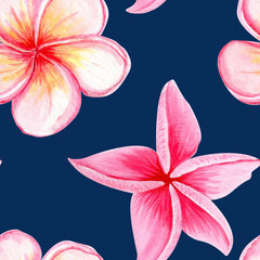 Pink plumeria flowers seamless pattern. Hand painted in watercolor. Ideal for spa branding, tropical packaging, summer wedding decor, textile design, greeting cards, botanical illustrations. Bright