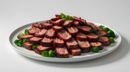 A plate of glazed ham slices arranged in a pyramid shape, garnished with broccoli florets and parsley.  A delicious and elegant dish, perfect for a special occasion.