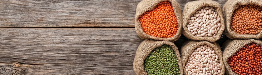 Various colorful dried legumes and beans in burlap sacks arranged on a rustic wooden surface.