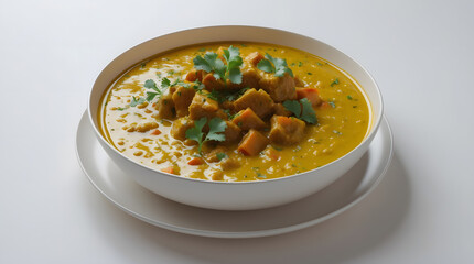 A bowl of creamy, golden curry soup, garnished with fresh cilantro.