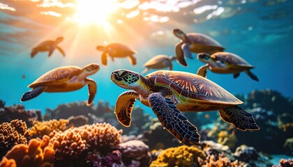 Sea turtle migration beneath the sunlit waves in a vibrant coral reef ecosystem