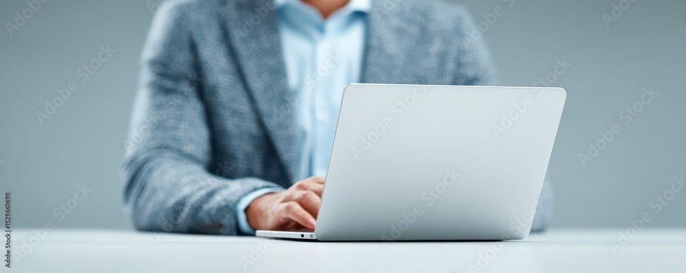 Poster professional in smart attire using laptop on desk for work or communication in minimalistic office e