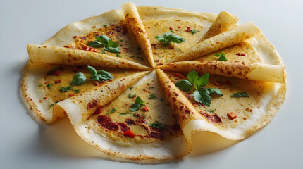 Delicious crepes arranged in a circular pattern, topped with a savory cheese sauce, herbs, and red pepper flakes. A culinary masterpiece, perfect for brunch or a light meal.