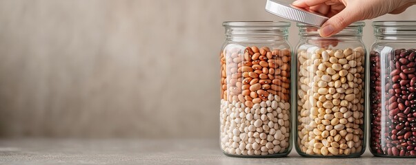 Three glass jars filled with different types of dried beans and legumes on a gray surface, with a hand placing a lid on one jar.